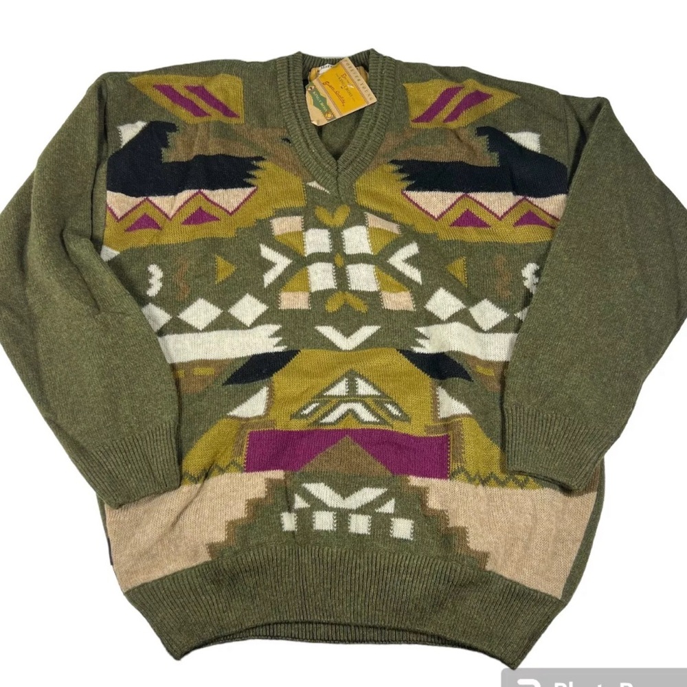 Vtg 80s Mens Lambs Wool Sweater Marco Polo’s King Cross Green Geometric Pattern